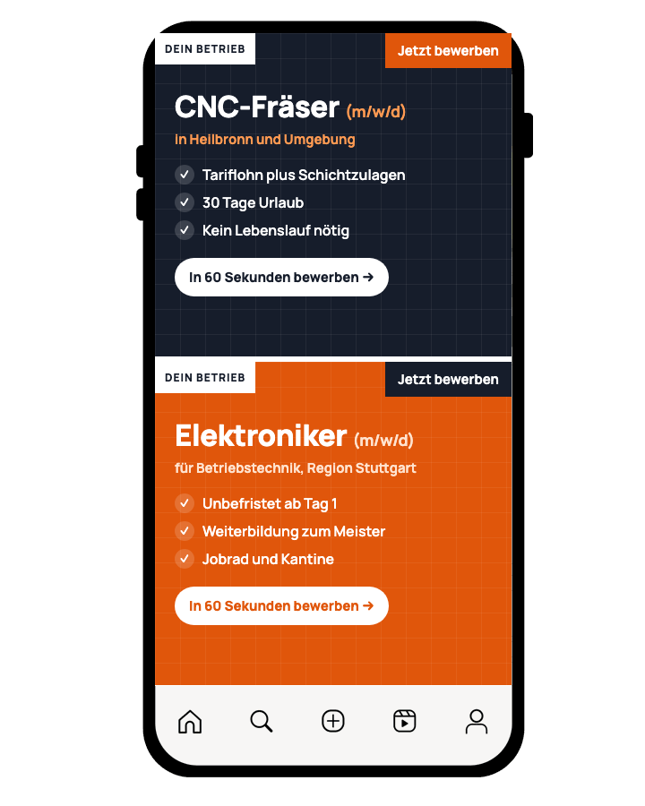 Beispiel-Anzeigen im Instagram-Feed: CNC-Fräser und Elektroniker gesucht