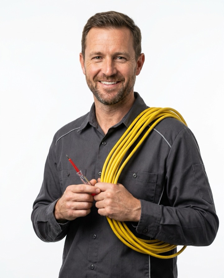 Elektroniker mit Kabeltrommel und Spannungsprüfer