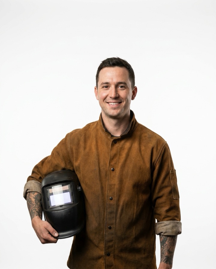 Schweißer mit Schweißhelm unter dem Arm